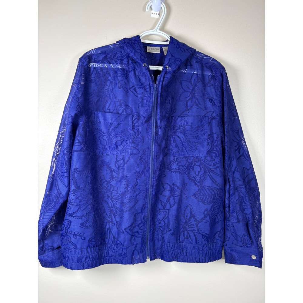 Chicos‎ Royal Blue Floral Lace Hooded Zip Up Jacket Sheer Size 2 Large Coastal